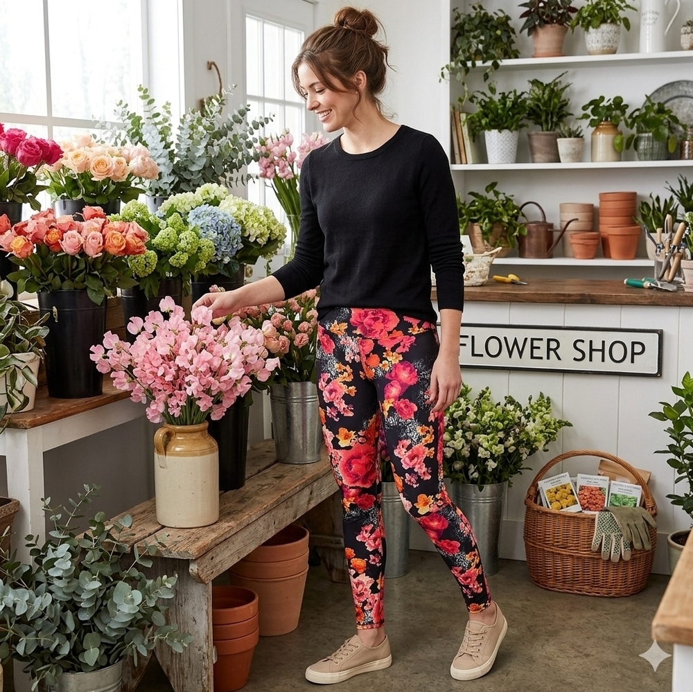 NWT Tween-OS Adult 0-4 Black Lace Pink Roses Floral CP Leggings